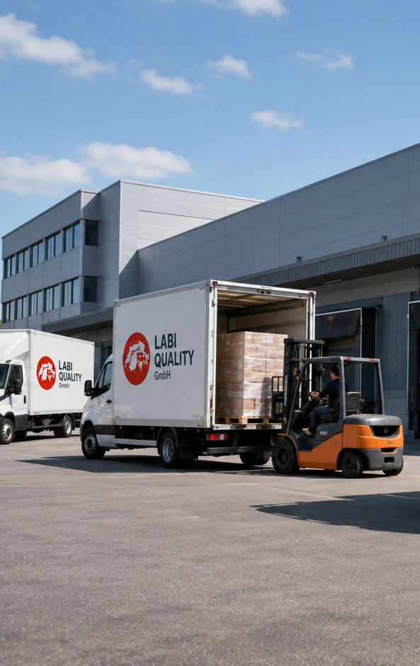 Labi Quality Group Fuhrpark – Transporter und LKW an Lagerhalle in Oensingen